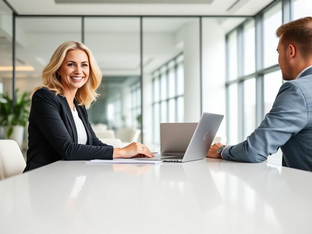 Erin meeting with a client in a bright white conference room